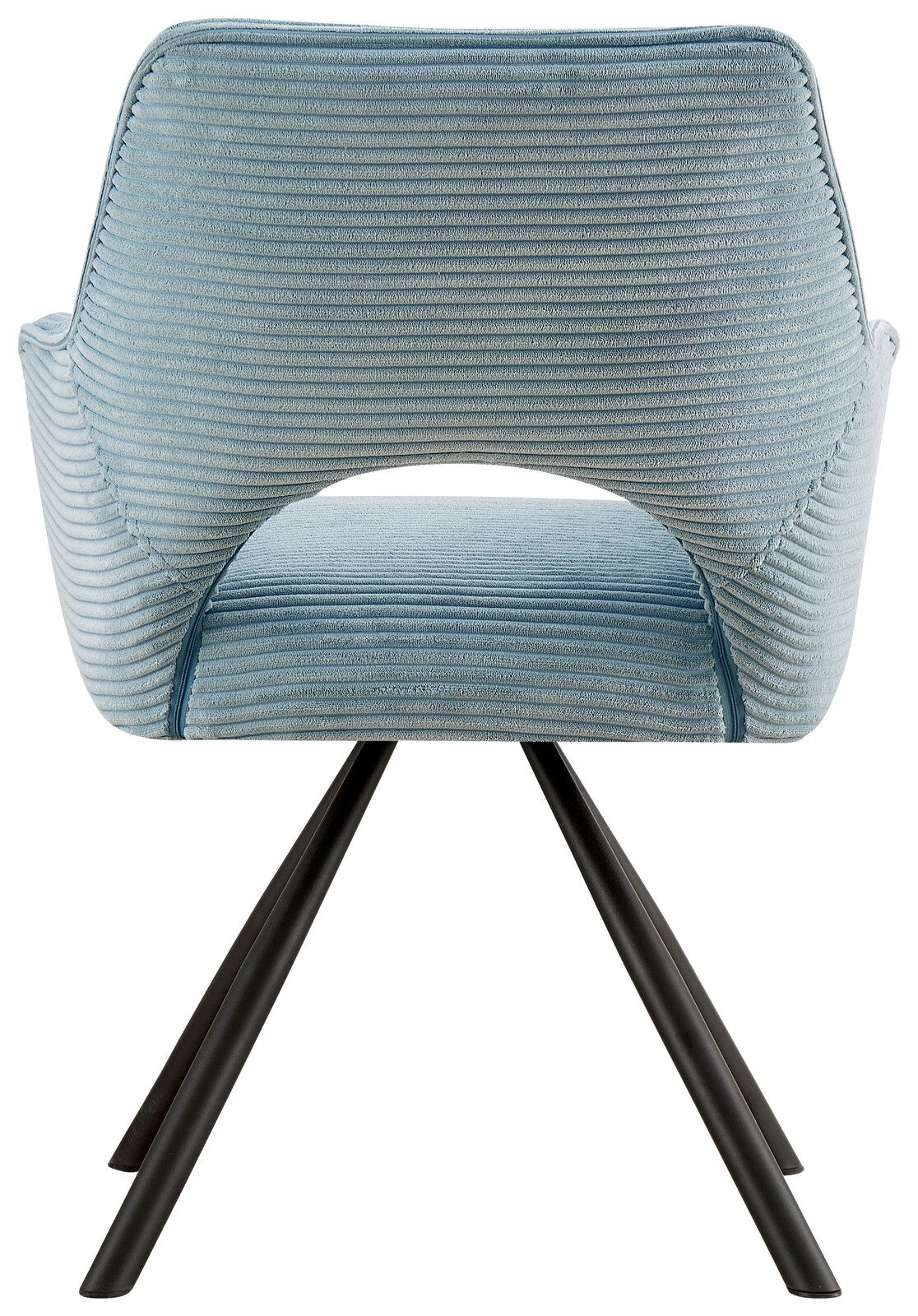 Rückansicht eines blauen Armlehnstuhls mit geripptem Stoffbezug und schwarzen Metallbeinen.