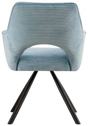 Rückansicht eines blauen Armlehnstuhls mit geripptem Stoffbezug und schwarzen Metallbeinen.