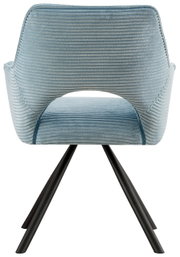 Achterkant van een blauwe fauteuil met geribbelde stoffen bekleding en zwarte metalen poten.