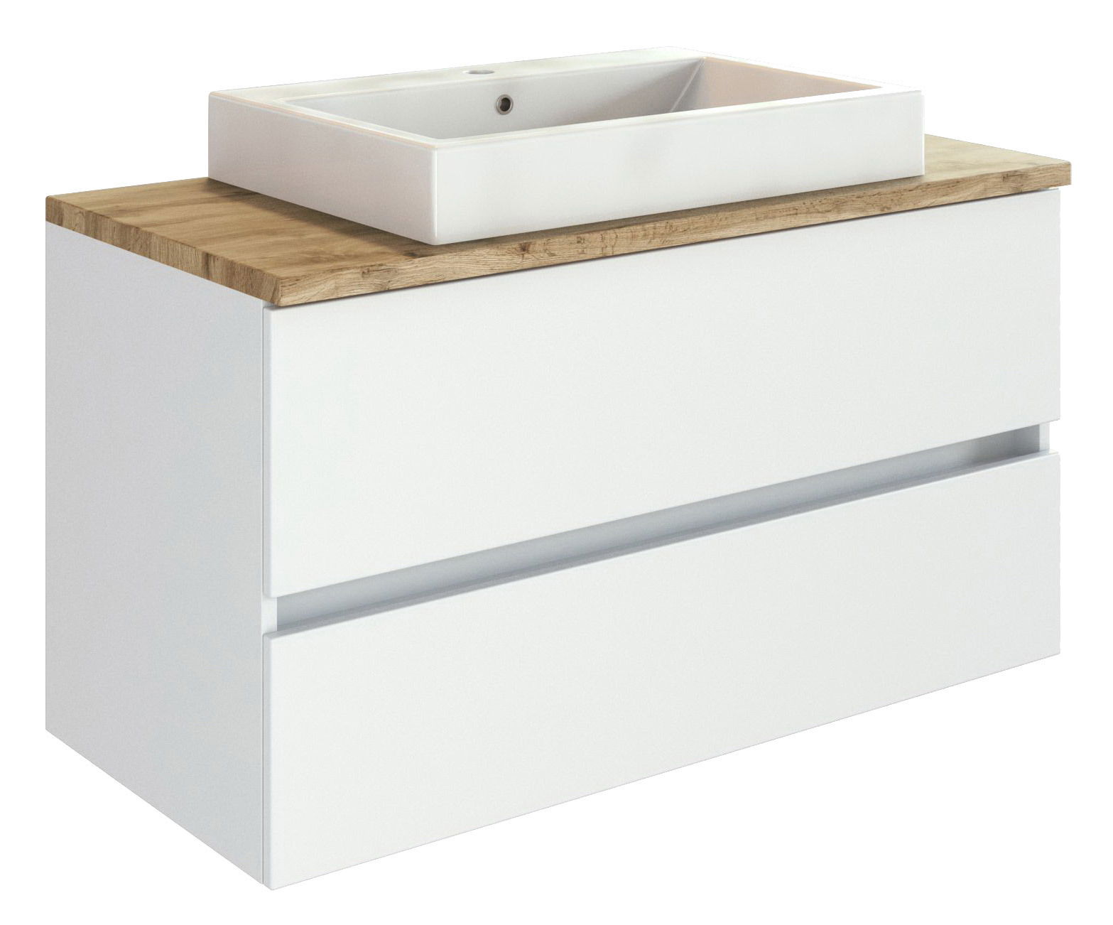 XORA Waschtisch-Set PIENZA Waschtisch-Set mit weißem Waschbecken und Holzoberfläche, seitliche Perspektive