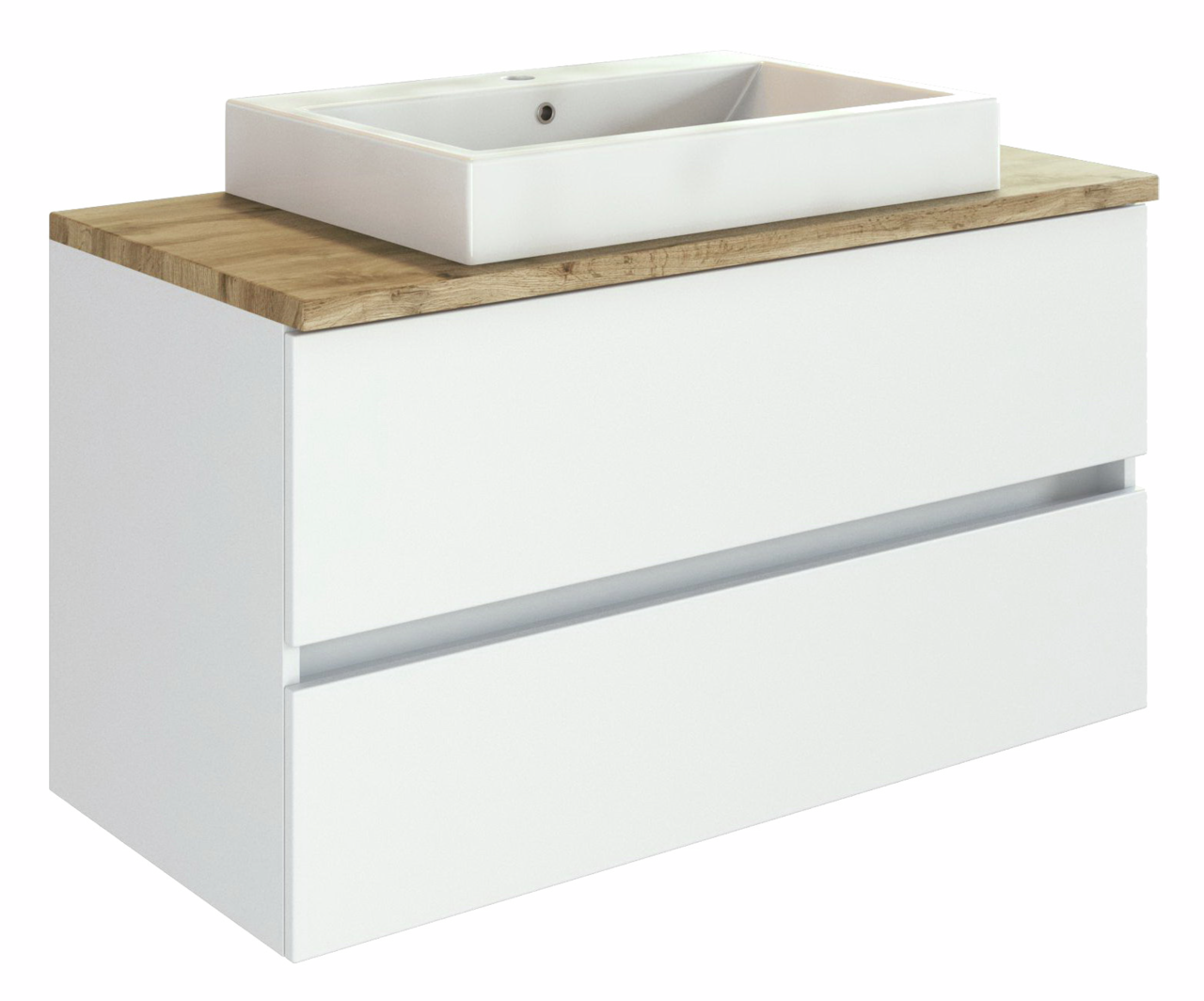 XORA Waschtisch-Set PIENZA Waschtisch-Set mit weißem Waschbecken und Holzoberfläche, seitliche Perspektive