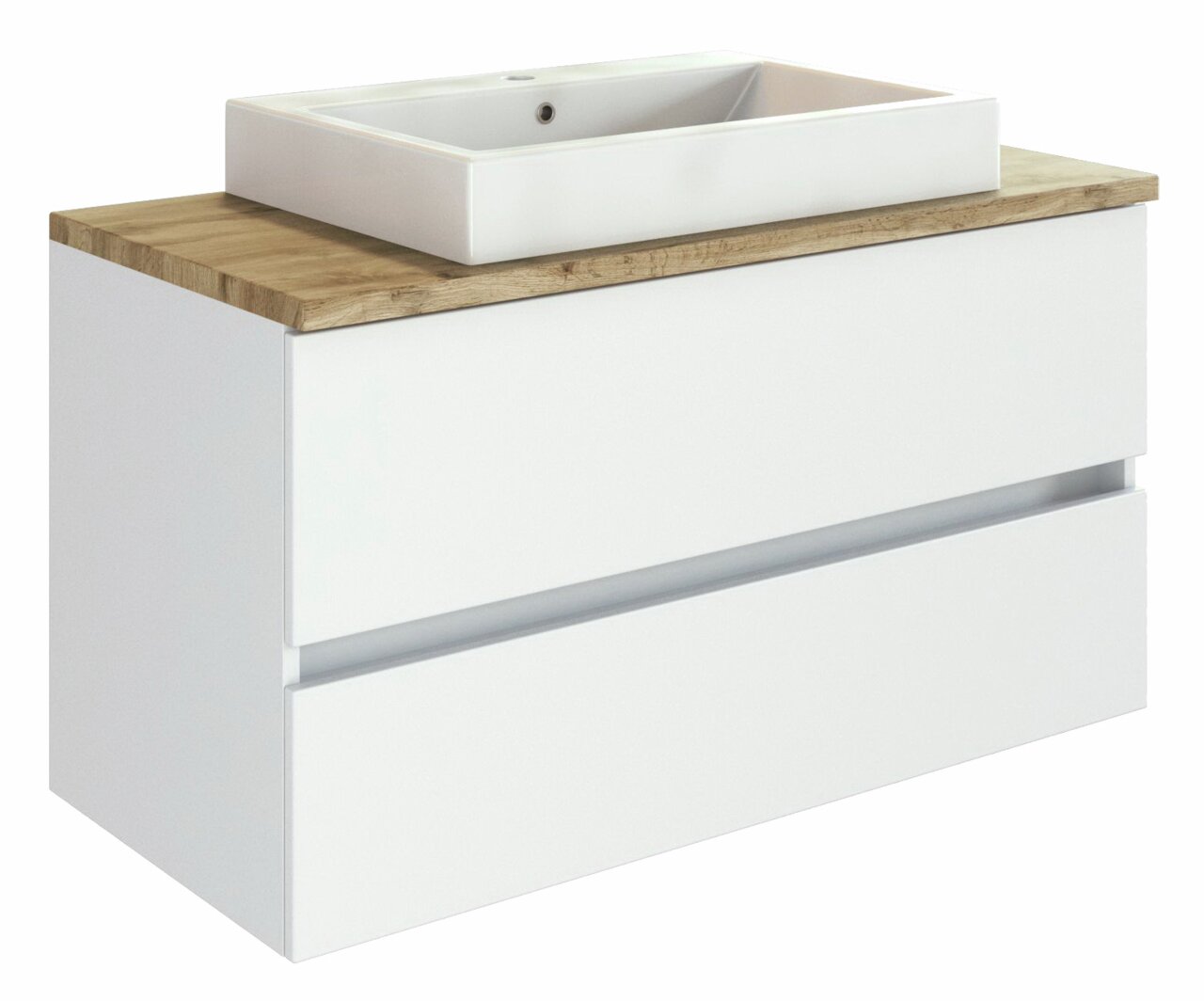 XORA Waschtisch-Set PIENZA Waschtisch-Set mit weißem Waschbecken und Holzoberfläche, seitliche Perspektive