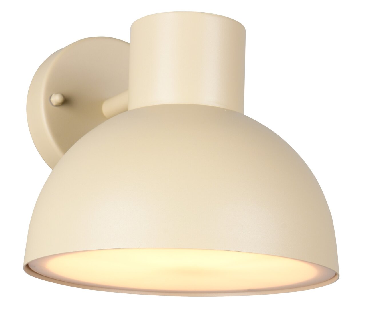 Beige Außenwandleuchte mit rundem Schirm, seitliche Perspektive