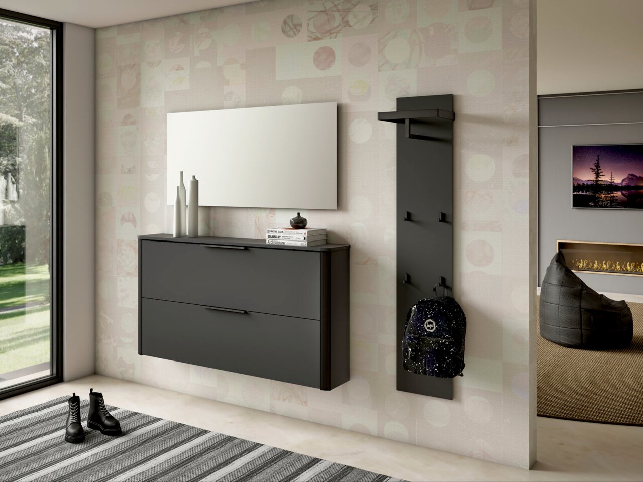 Moderner Eingangsbereich mit Hängeschuhschrank, Spiegel und Garderobenpaneel in dunklem Design, seitliche Perspektive.