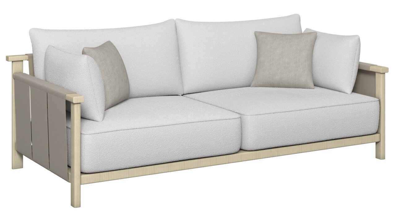 Zweisitziges Loungesofa mit hellen Kissen und Holzrahmen, seitliche Perspektive