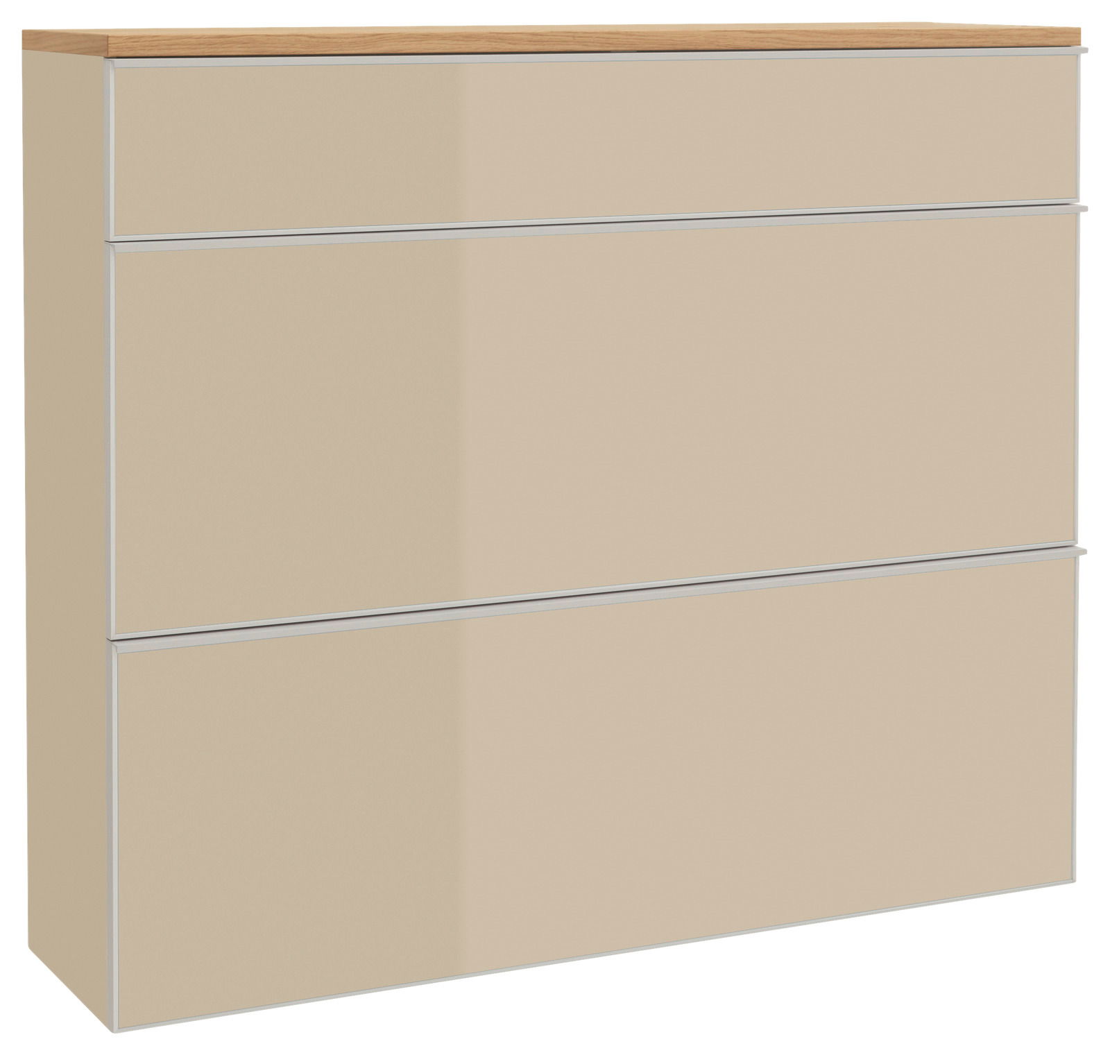 Beigefarbener Hängeschuhschrank mit drei Schubladen und Holzoberfläche, seitliche Perspektive