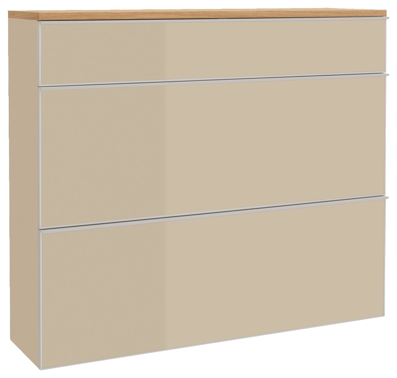 Beigefarbener Hängeschuhschrank mit drei Schubladen und Holzoberfläche, seitliche Perspektive