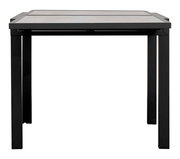 Moderner Gartentisch aus Metall mit rechteckiger Tischplatte, frontal fotografiert.