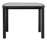 Moderner Gartentisch aus Metall mit rechteckiger Tischplatte, frontal fotografiert.