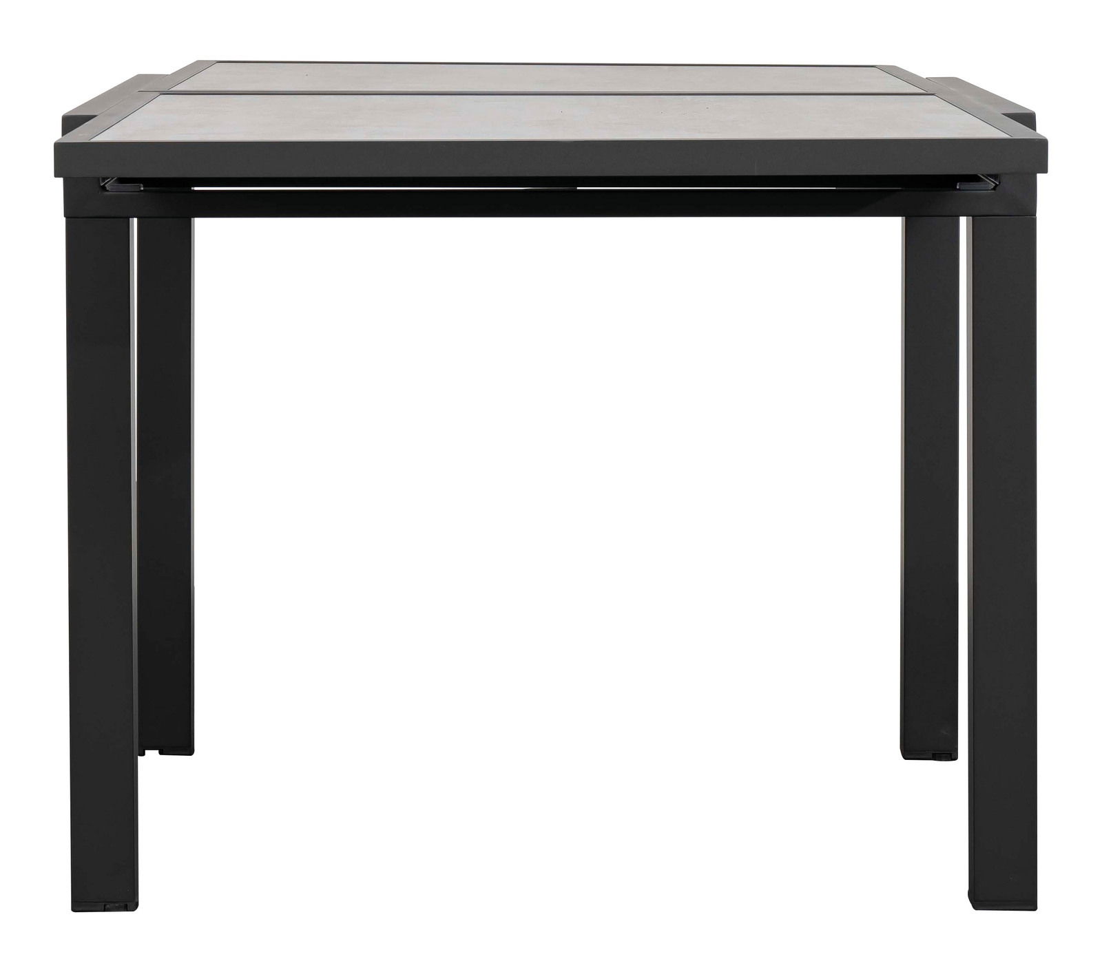 Moderner Gartentisch aus Metall mit rechteckiger Tischplatte, frontal fotografiert.