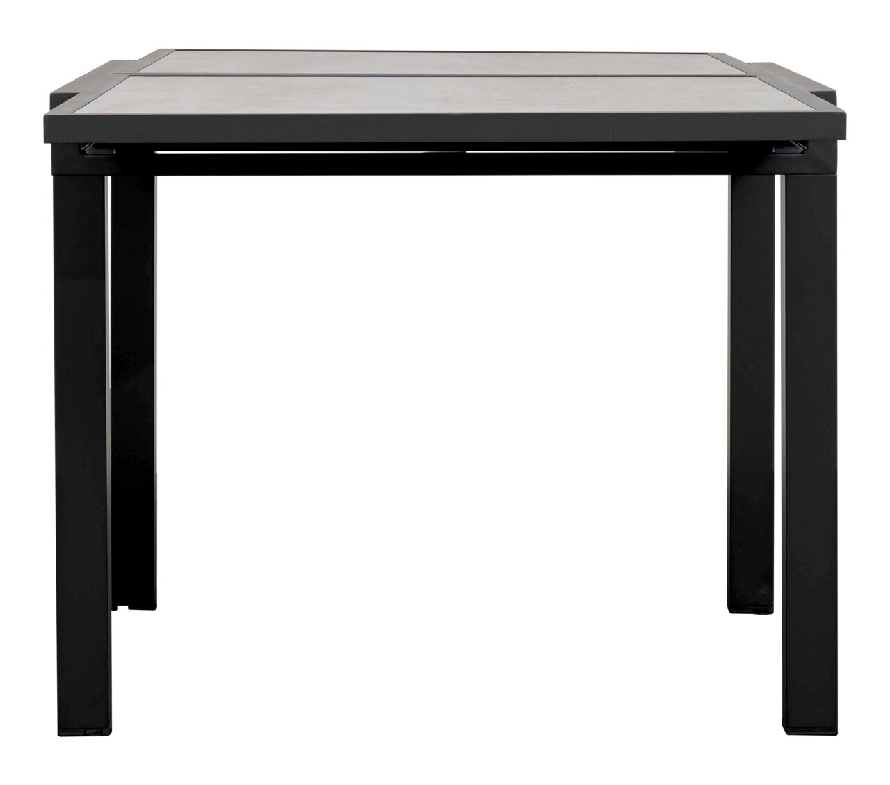 Moderne metalen tuintafel met rechthoekig tafelblad, gefotografeerd van voren.