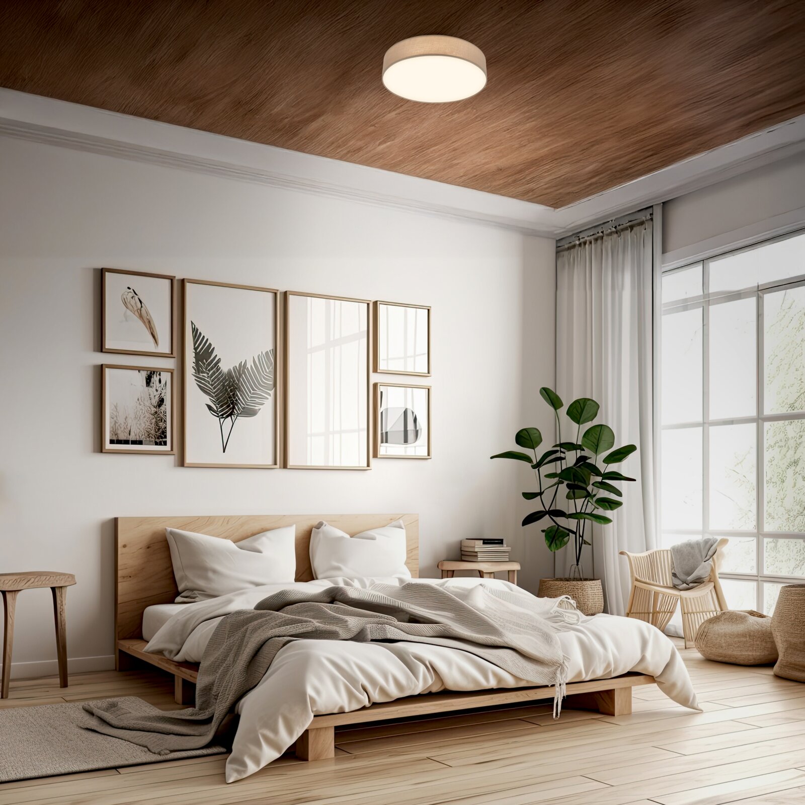 Modernes Schlafzimmer mit rundem Deckenleuchten-Panel in Holzoptik an der Decke, Blick aus leicht erhöhter Perspektive schräg von vorn auf das Bett und den Raum