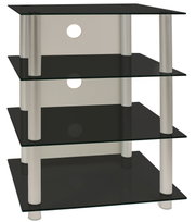 Schwarzes Glas-HiFi-/TV-Rack mit vier Ebenen und silbernen Rundsäulen, Seitenansicht in leichter Perspektive von vorne