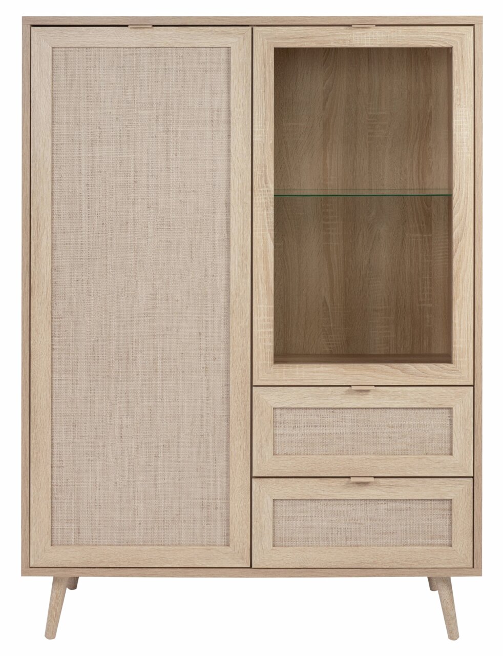 Helles Highboard aus Holz mit einer Tür und zwei Schubladen auf der linken Seite sowie einem offenen Fach mit Glasboden auf der rechten Seite, frontal betrachtet.