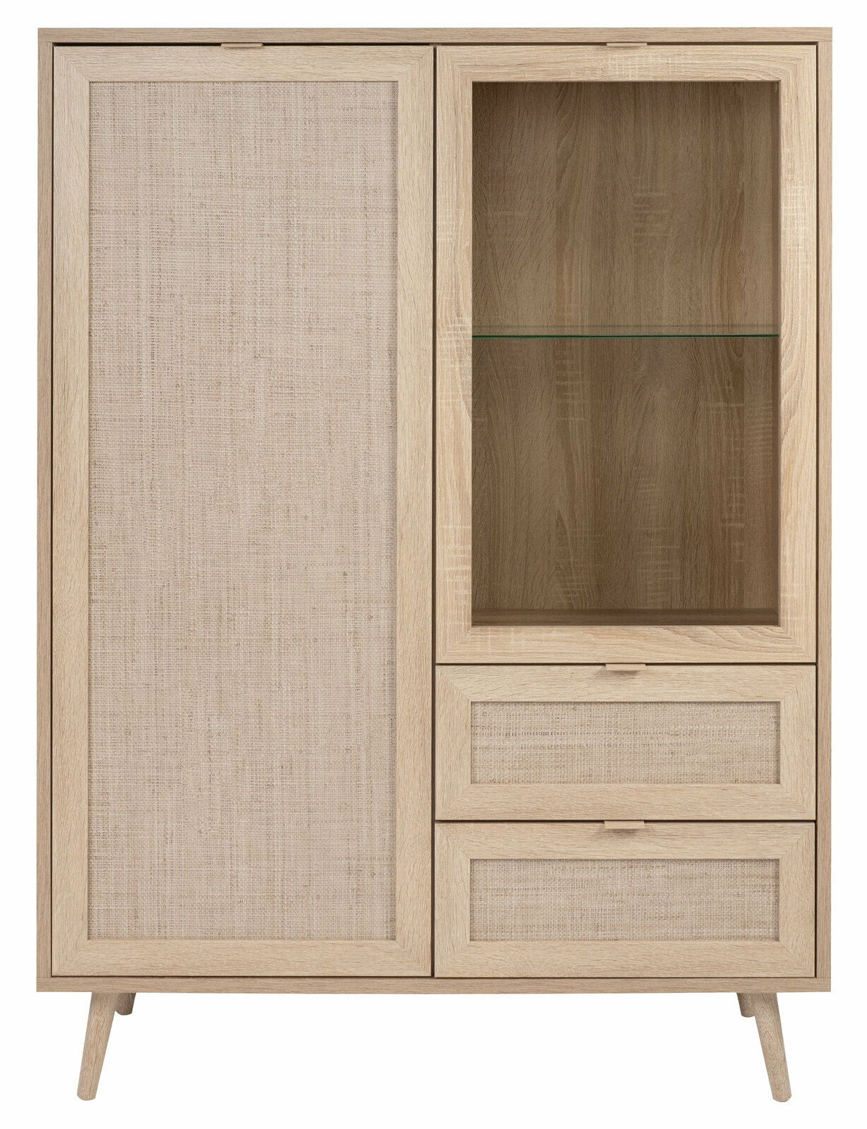Helles Highboard aus Holz mit einer Tür und zwei Schubladen auf der linken Seite sowie einem offenen Fach mit Glasboden auf der rechten Seite, frontal betrachtet.
