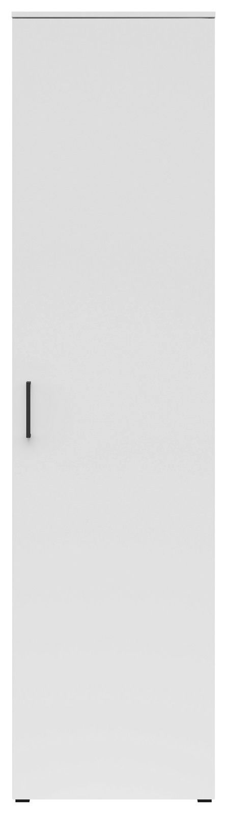 Frontansicht eines weißen Mehrzweckschranks mit schwarzem Griff.