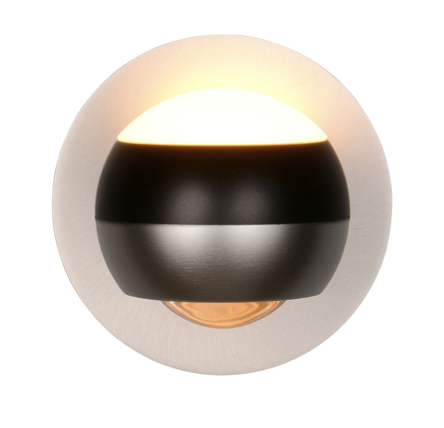 Moderne Wandleuchte ORBIT mit rundem Design, frontal betrachtet, mit warmem Lichtschein.