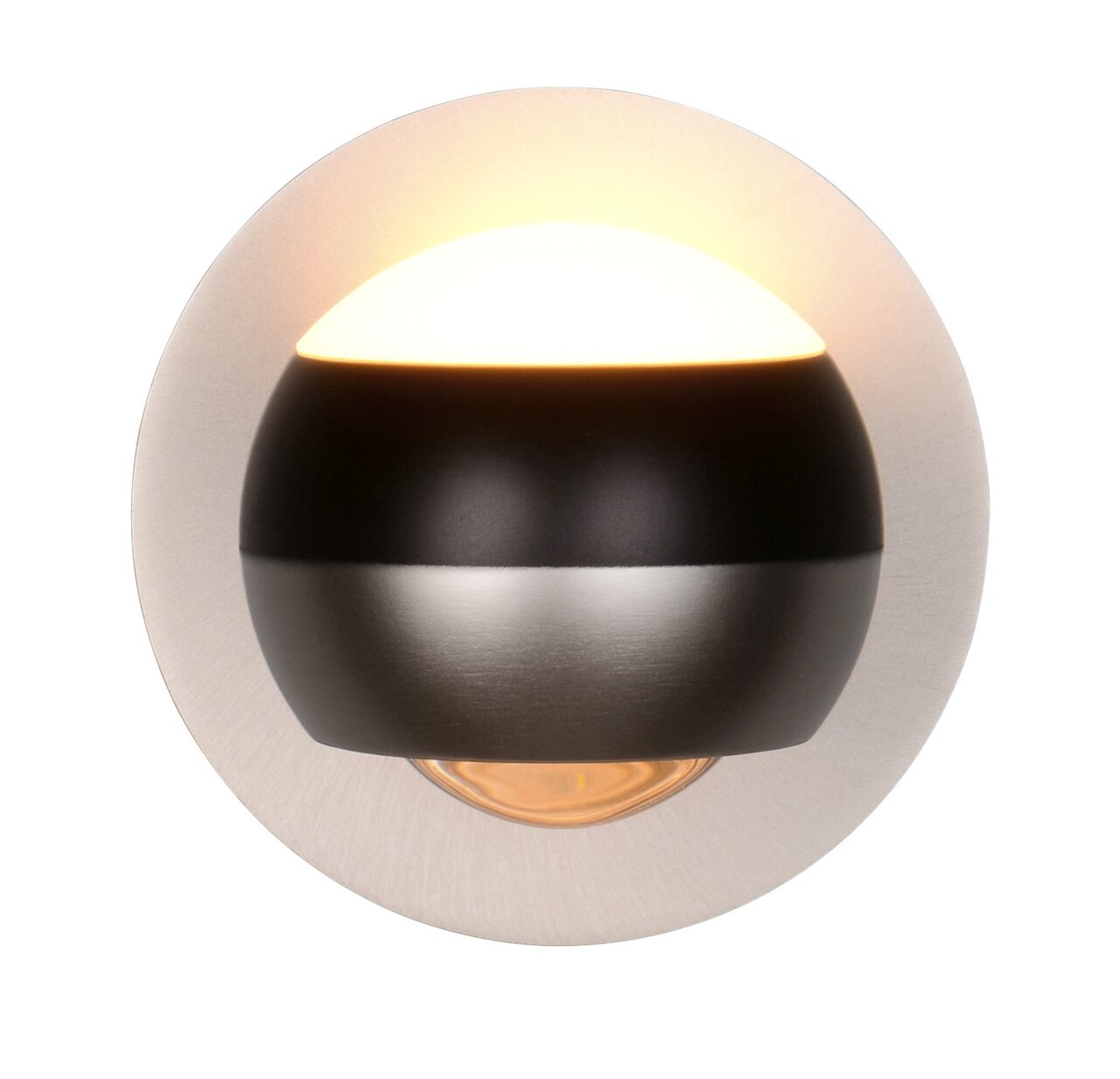 Moderne wandlamp ORBIT met een rond ontwerp, gezien vanaf de voorkant, met een warme lichtuitstraling.