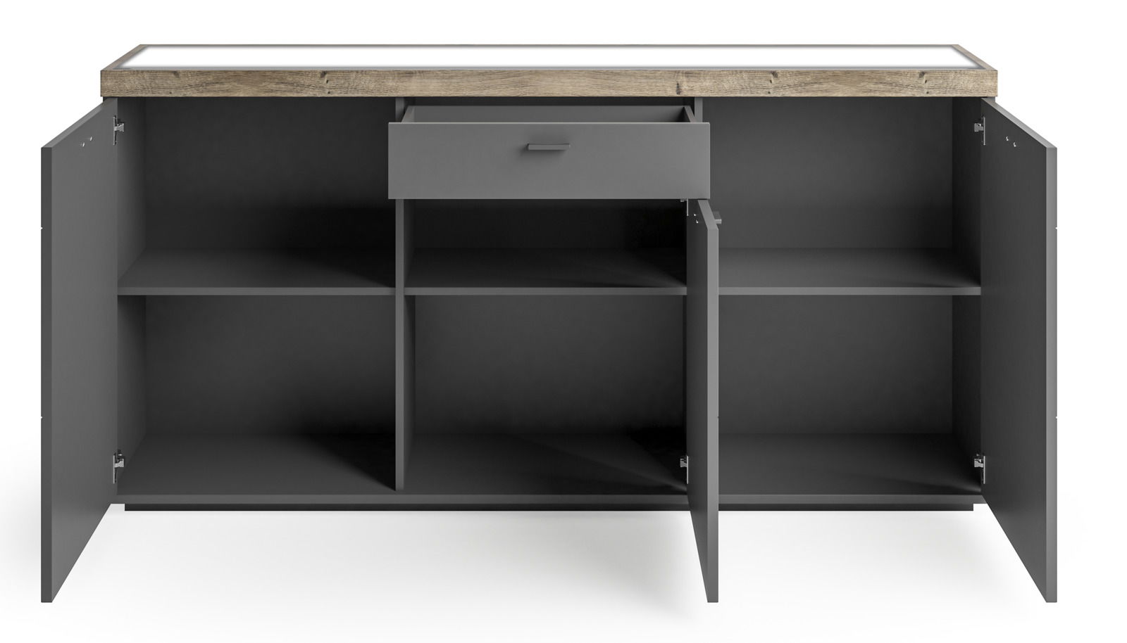 Offenes Sideboard mit einer Schublade und sechs Fächern, aus dunklem Holz mit heller Oberseite, frontale Ansicht.