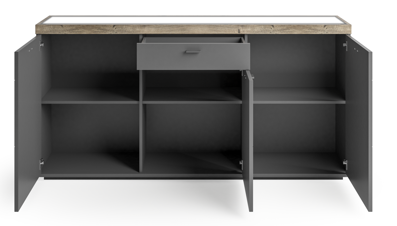 Set one by Musterring Sideboard SET ONE LANCASTER Offenes Sideboard mit einer Schublade und sechs Fächern, aus dunklem Holz mit heller Oberseite, frontale Ansicht.