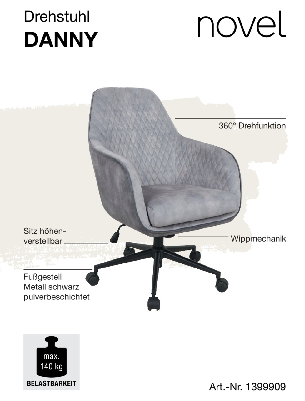 Grauer Drehstuhl mit 360° Drehfunktion, höhenverstellbarem Sitz und Wippmechanik, seitliche Perspektive.