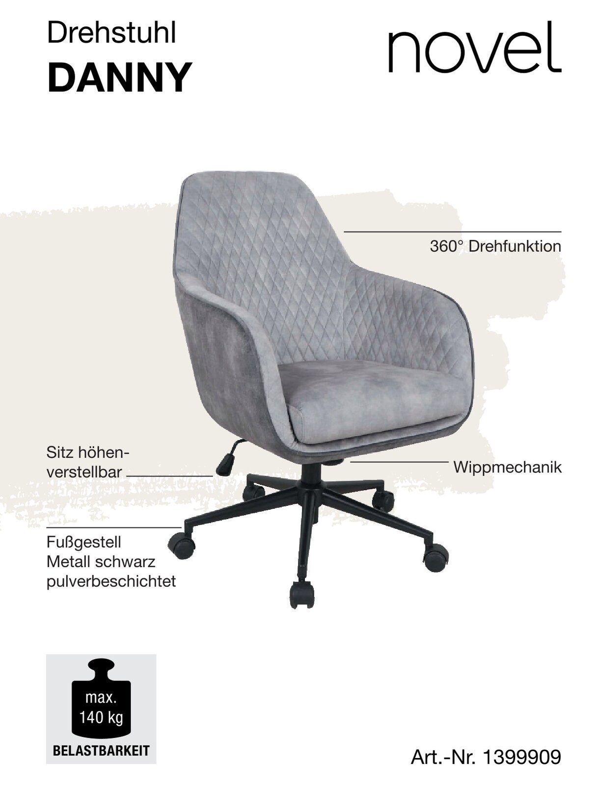 Grauer Drehstuhl mit 360° Drehfunktion, höhenverstellbarem Sitz und Wippmechanik, seitliche Perspektive.