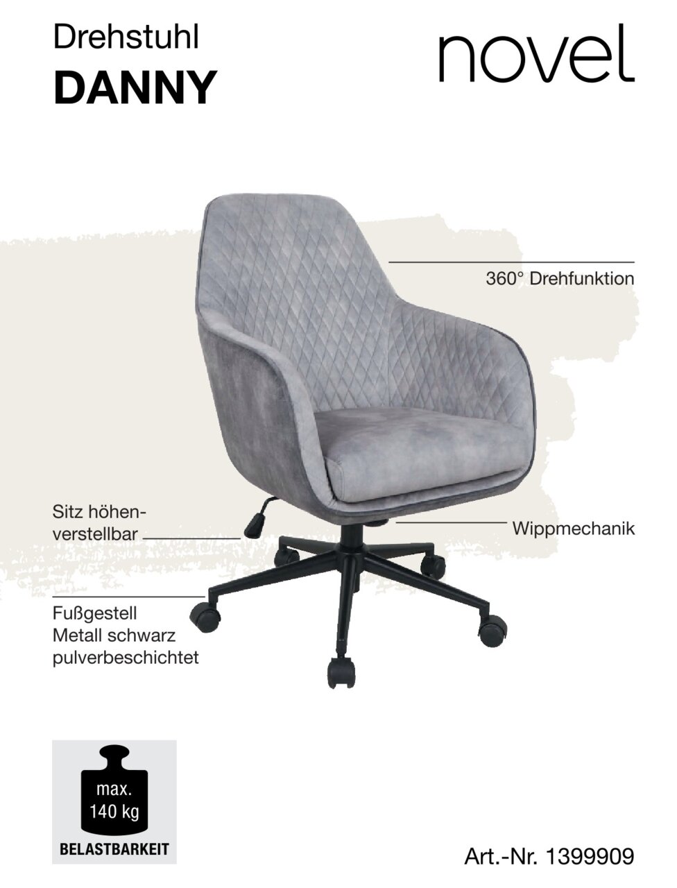 Grauer Drehstuhl mit 360° Drehfunktion, höhenverstellbarem Sitz und Wippmechanik, seitliche Perspektive.