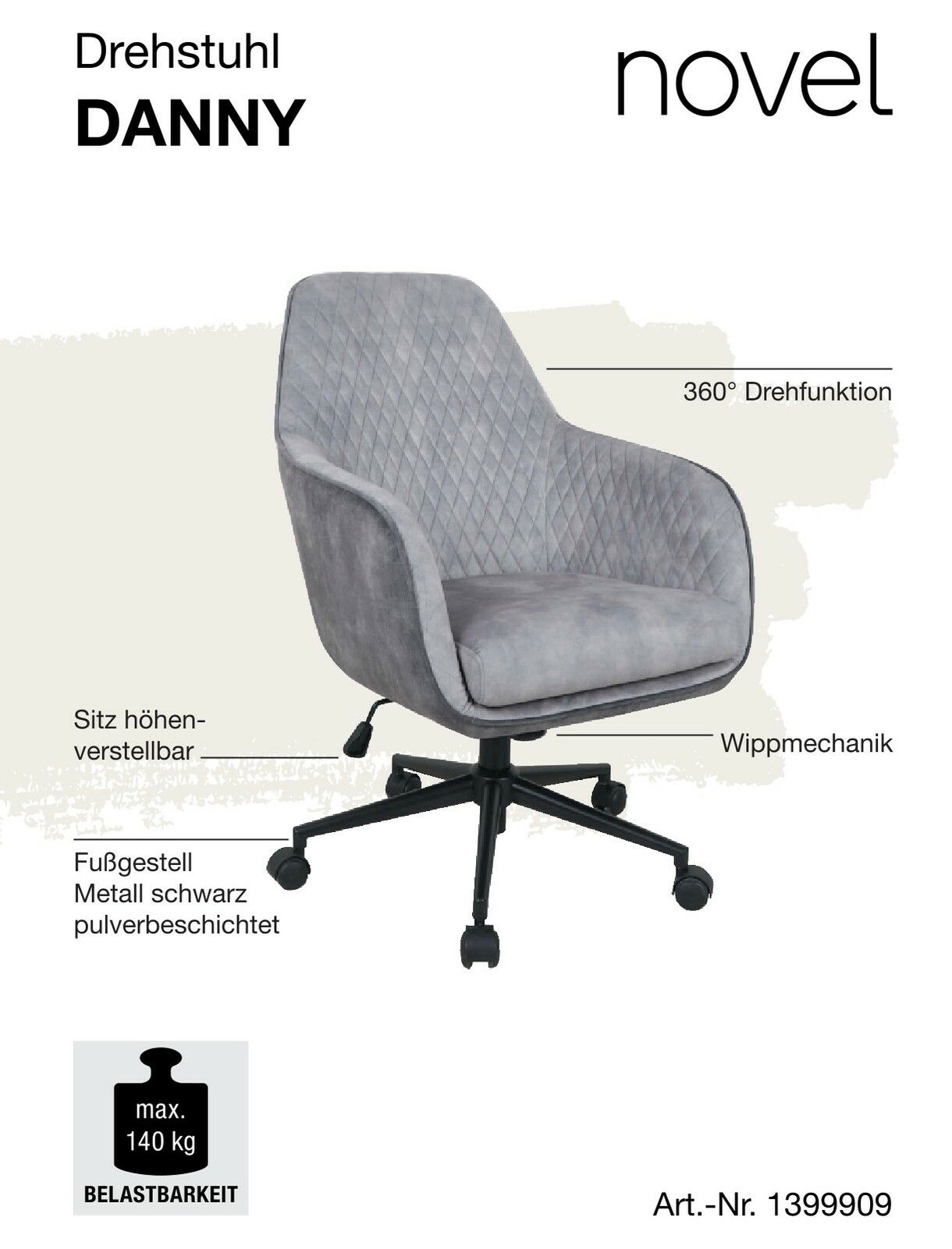 Grauer Drehstuhl mit 360° Drehfunktion, höhenverstellbarem Sitz und Wippmechanik, seitliche Perspektive.