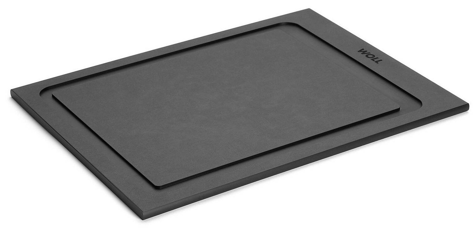 Schwarzes Schneidebrett aus Kunststoff, rechteckig, mit abgerundeten Ecken, seitliche Perspektive