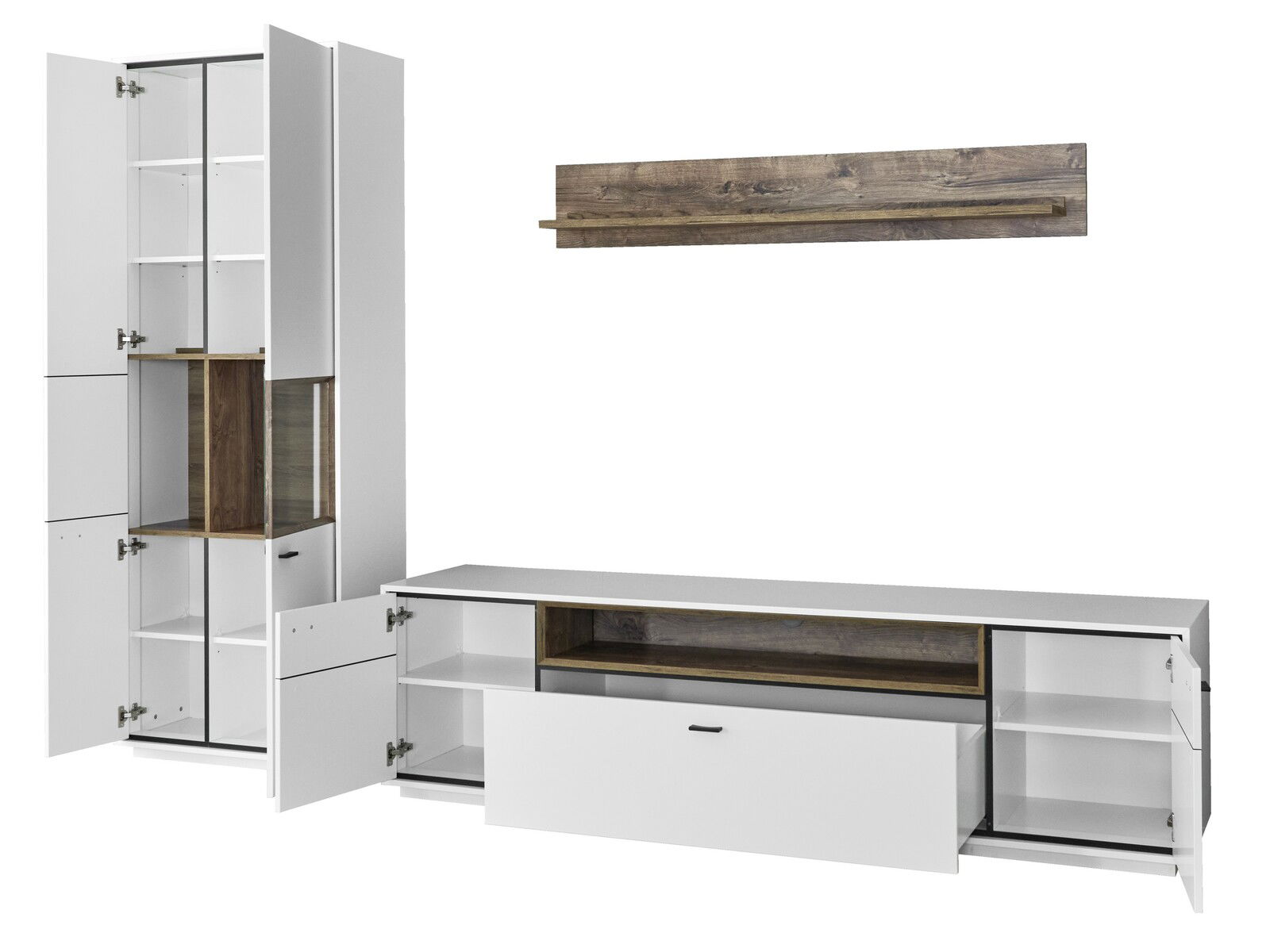 Moderne Wandkombination in Weiß mit Holzdetails, bestehend aus einem hohen Schrank mit mehreren Fächern und einem langen, niedrigen TV-Schrank. Perspektive von vorne.