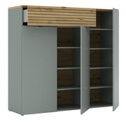 Moderner XXL-Schuhschrank in Grau mit Holzelementen, offene Türen, seitliche Perspektive