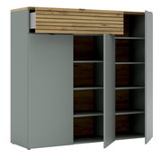 Moderner XXL-Schuhschrank in Grau mit Holzelementen, offene Türen, seitliche Perspektive