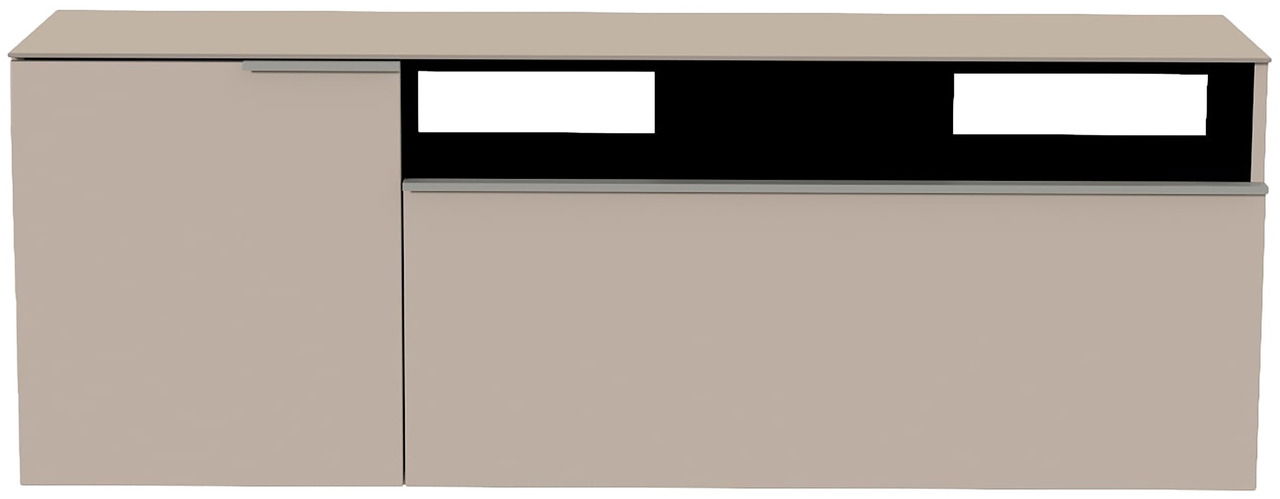 Frontansicht eines modernen, beige Hänge-Lowboards mit zwei Türen und offenem Fach.
