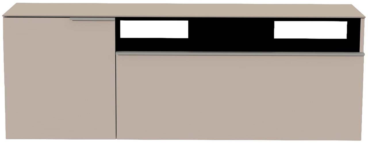Frontansicht eines modernen, beige Hänge-Lowboards mit zwei Türen und offenem Fach.
