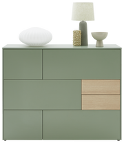 Frontansicht eines modernen, grünen Highboards mit Holzdetails, dekoriert mit einer Lampe, einer Vase und einer Schale.