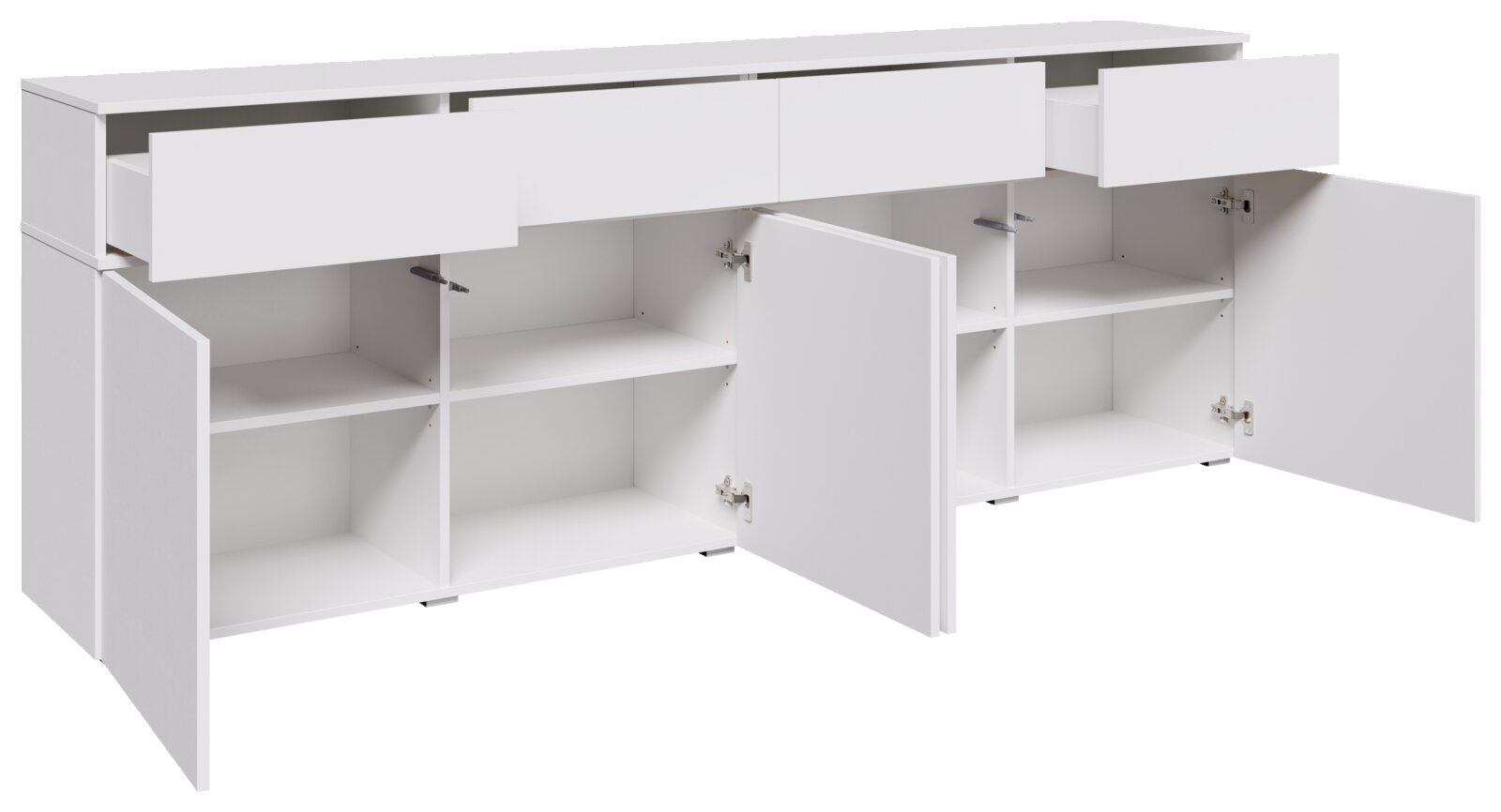 Weißes Sideboard/Kommode mit mehreren Schubladen und geöffneten Schranktüren, Innenfächer sichtbar, Ansicht schräg von vorne