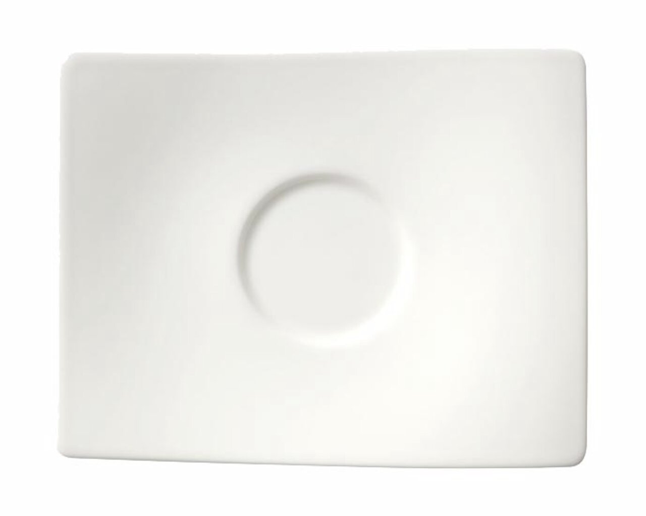 Rechteckige, weiße Kaffee-Untertasse mit rundem Vertiefung, Draufsicht