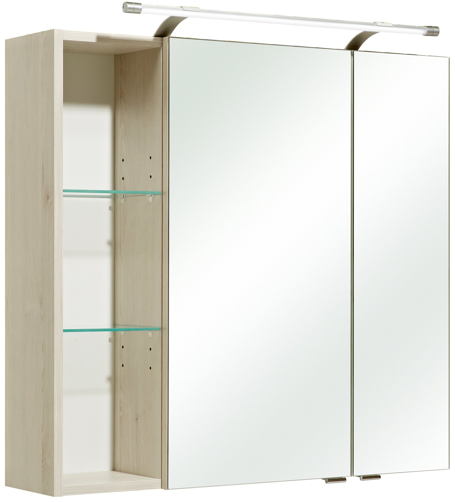 Badezimmer-Spiegelschrank in heller Holzoptik mit zwei Spiegeltüren und integrierter Aufsatzleuchte, seitlichem offenen Regal mit Glasböden; Ansicht schräg von vorn links