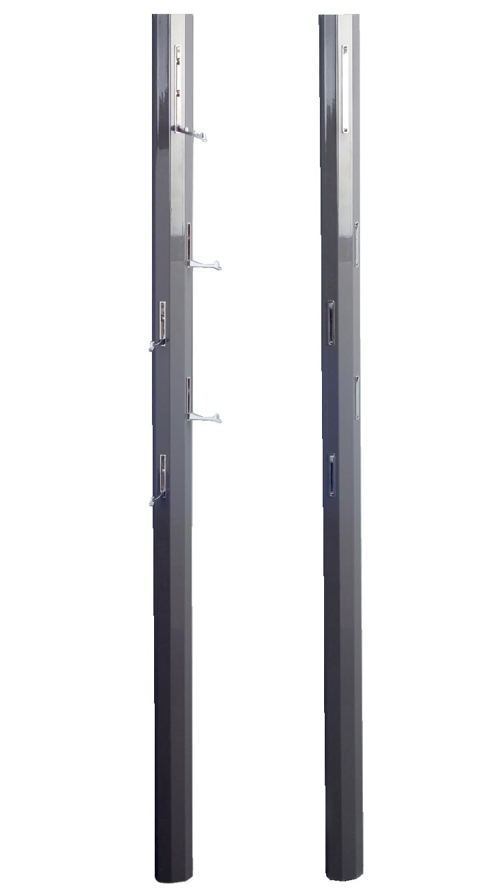 Zwei Garderobenpaneele in dunklem Grau, eines mit ausgeklappten Haken, das andere mit eingeklappten Haken, seitliche Perspektive.