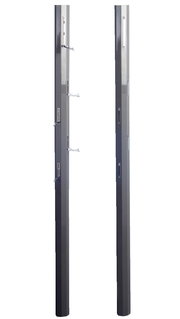 Zwei Garderobenpaneele in dunklem Grau, eines mit ausgeklappten Haken, das andere mit eingeklappten Haken, seitliche Perspektive.