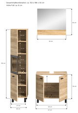 Badkombination mit Holzoptik, bestehend aus einem hohen Schrank mit mehreren Fächern und einem Waschbeckenunterschrank, sowie einem Spiegel. Frontale Ansicht.