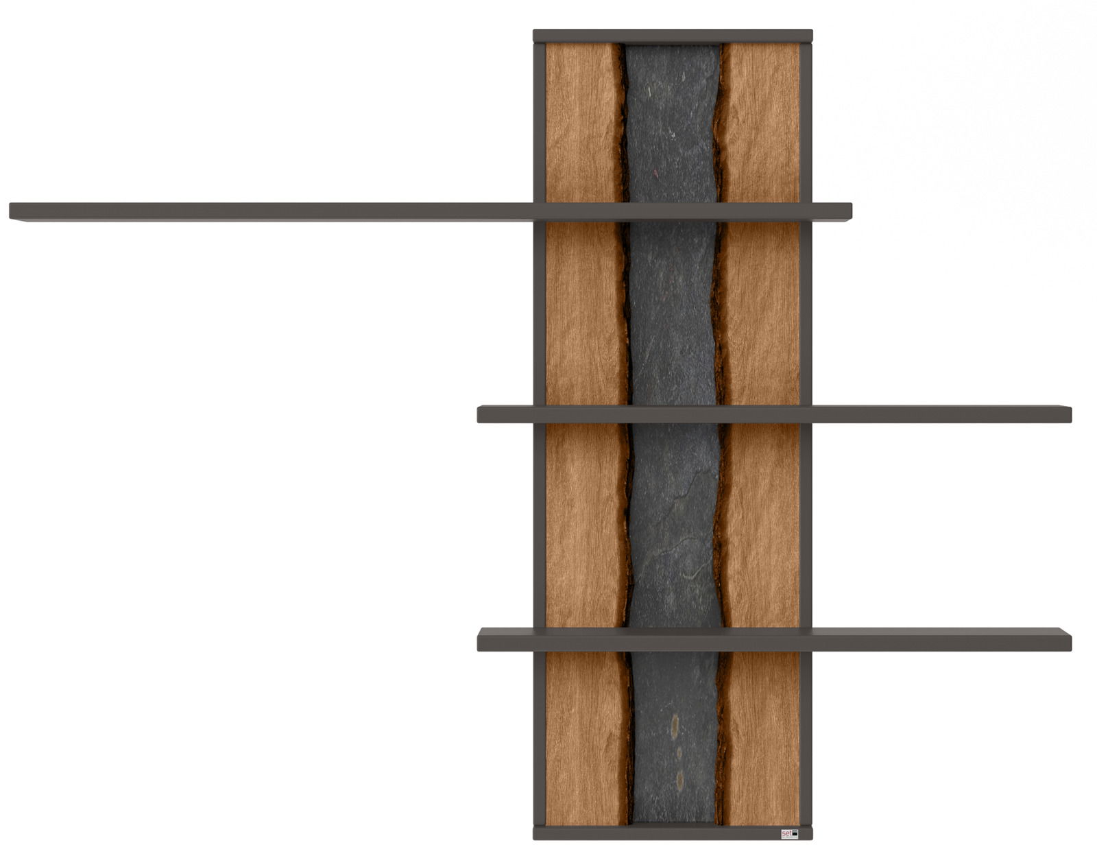 Hängepaneel mit drei Regalböden, Holzoptik mit dunklem Mittelstreifen, Frontalansicht