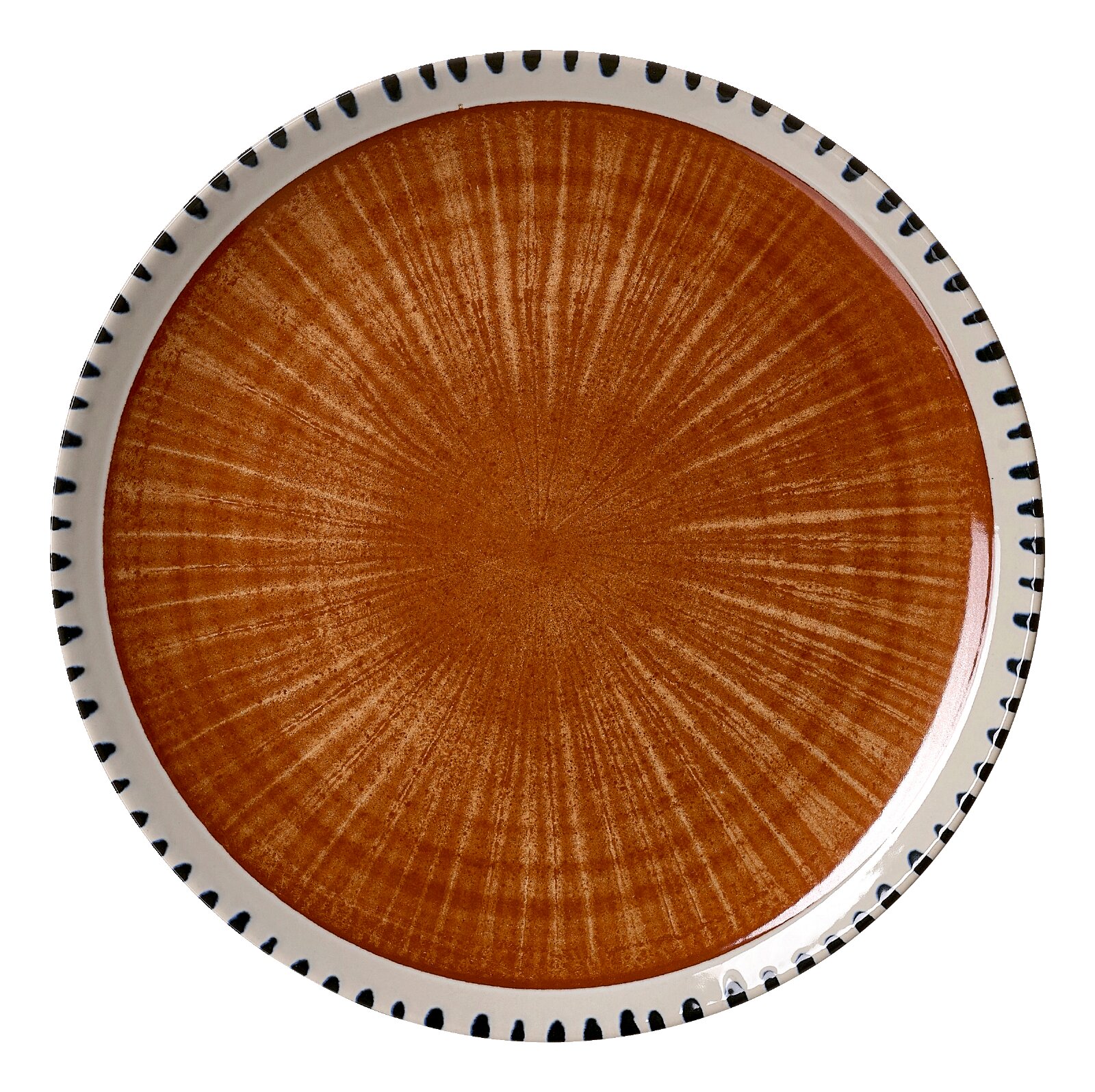 Ritzenhoff & Breker Dinerbord NATURA Rond keramisch bord met warm oranjebruin stralenmotief en crèmekleurige rand met zwarte accenten, van bovenaf gezien