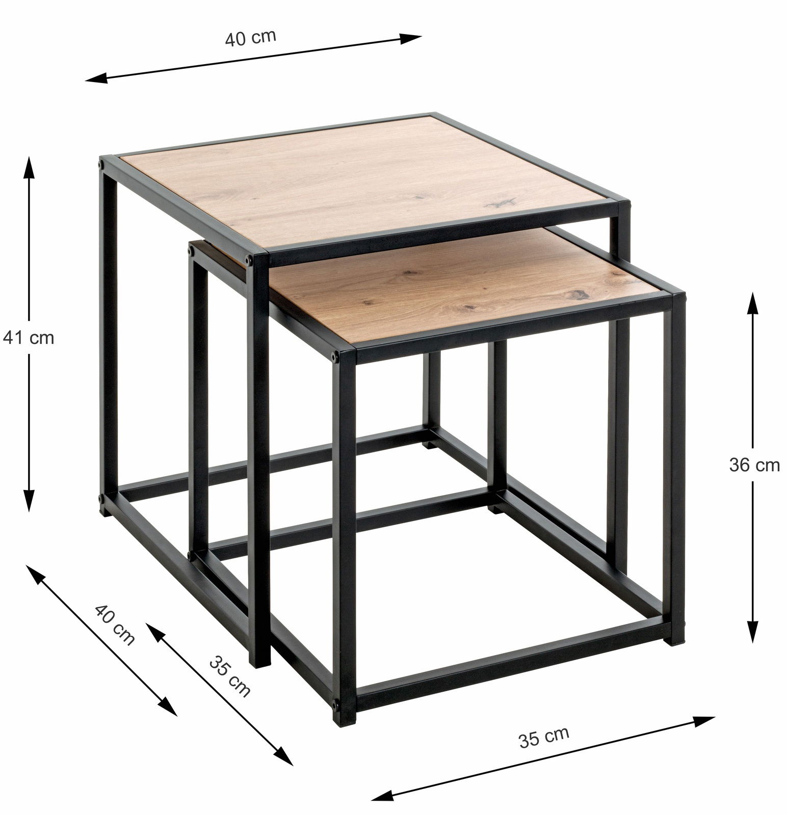 Zweier-Set Beistelltische mit schwarzem Metallrahmen und Holzoberfläche, größere Tischhöhe 41 cm, kleinere Tischhöhe 36 cm, Perspektive von schräg oben.
