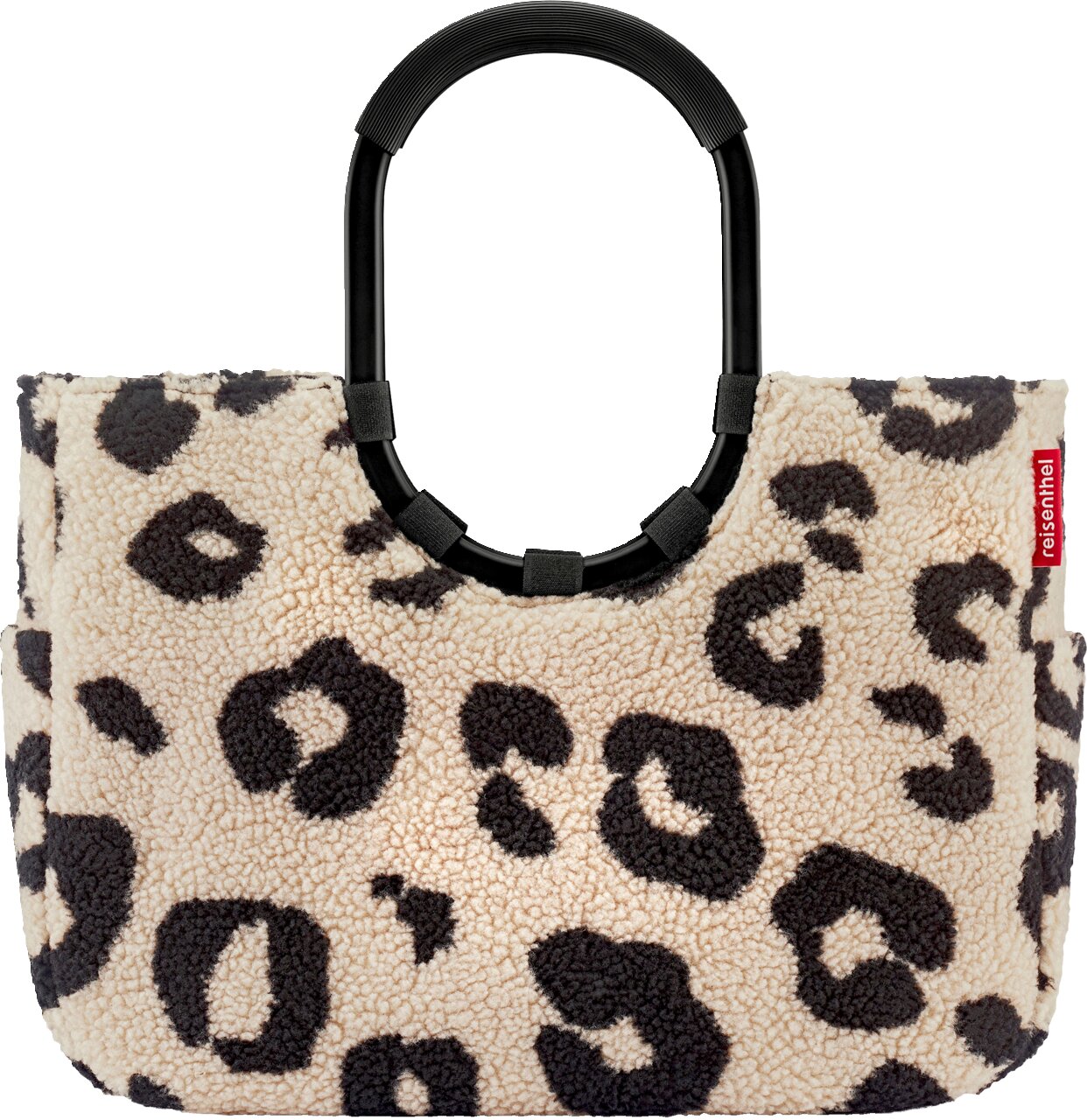 Beige Teddy-Handtasche mit schwarzem Leopardenmuster und schwarzen runden Tragegriffen, Frontansicht