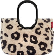 Beige Teddy-Handtasche mit schwarzem Leopardenmuster und schwarzen runden Tragegriffen, Frontansicht