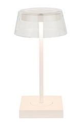 Moderne Akku-Tischleuchte mit transparentem Schirm, seitliche Perspektive