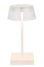 Moderne Akku-Tischleuchte mit transparentem Schirm, seitliche Perspektive