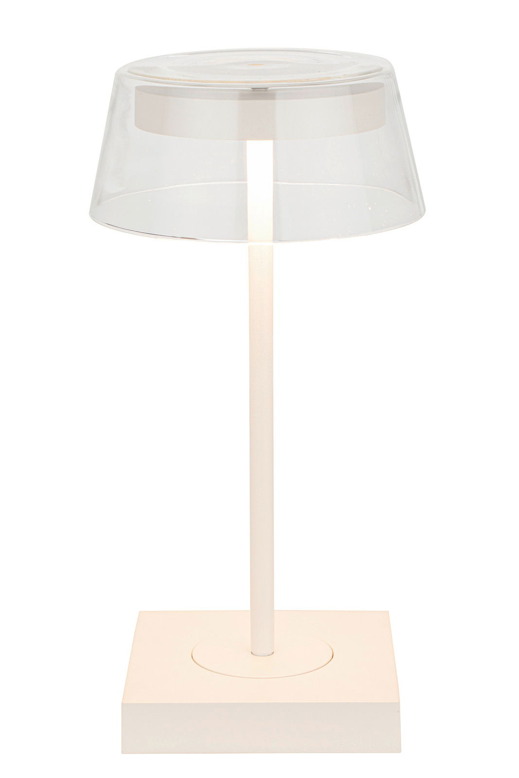 Moderne Akku-Tischleuchte mit transparentem Schirm, seitliche Perspektive