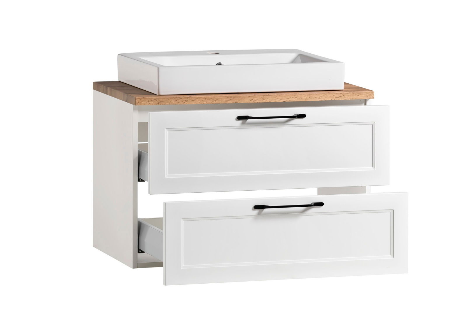 Waschtisch-Set mit weißem Waschbecken und Holzplatte, zwei Schubladen mit schwarzen Griffen, seitliche Perspektive
